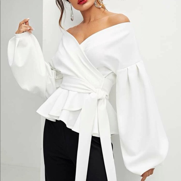 Luxe Off Shoulder Peplum Self Tie Wrap Top Blouse Shirt - Picture 4 of 12